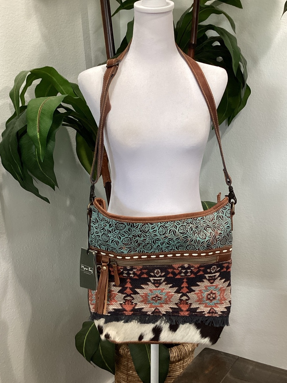 Myra Boho Patchwork Crossbody Bag in Teal & Brown